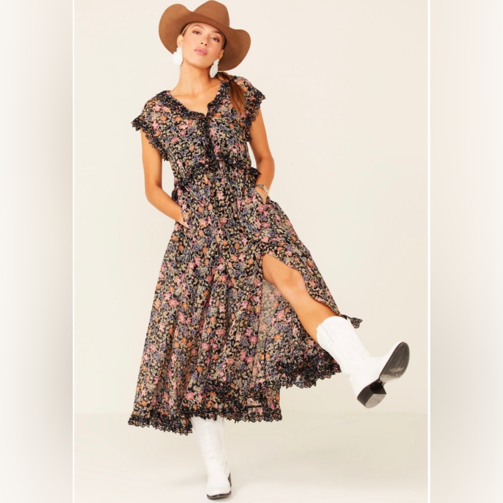 Size M Free People Melania  Floral V-Neck Cap Sleeve Maxi Dress